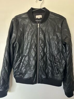 LOFT Black Quilted Faux-Leather Bomber Jacket
